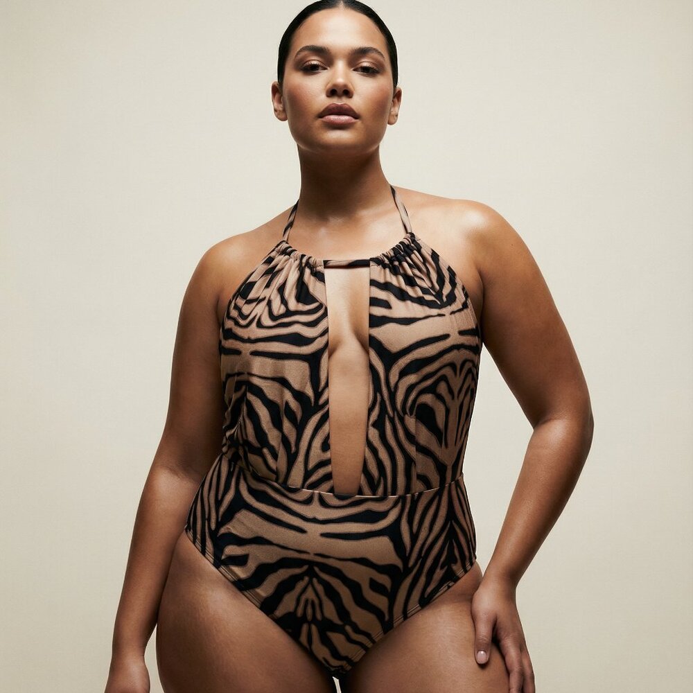 Black and Tan One Piece Swimwear with Halter Neck